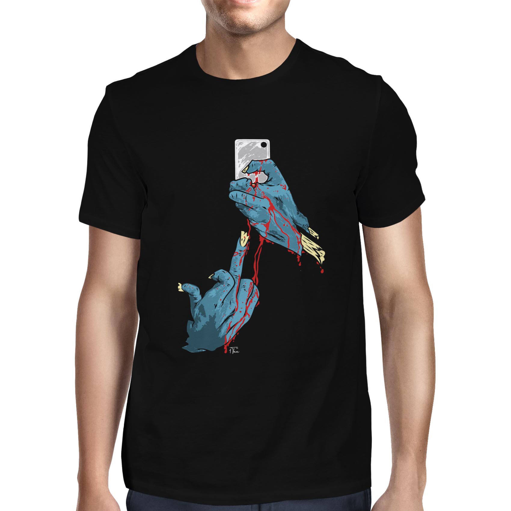 1Tee Mens Zombie Swearing Hands with Phone T-Shirt