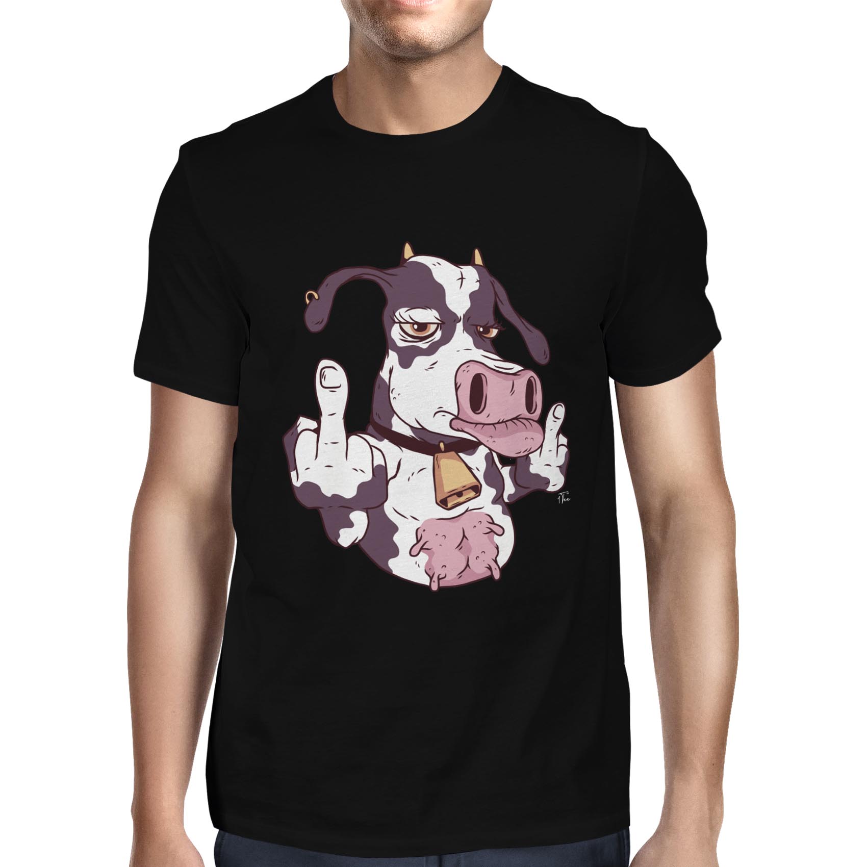 1Tee Mens Cow giving Middle Finger T-Shirt - Picture 7 of 18